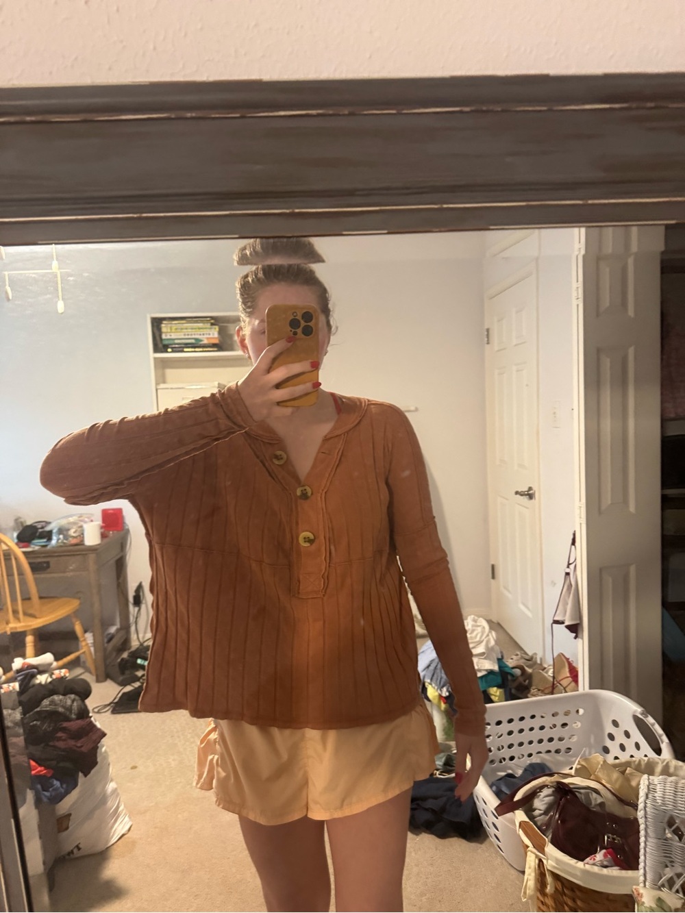 Old Free People Ribbed Long Sleeve Henley in Rust